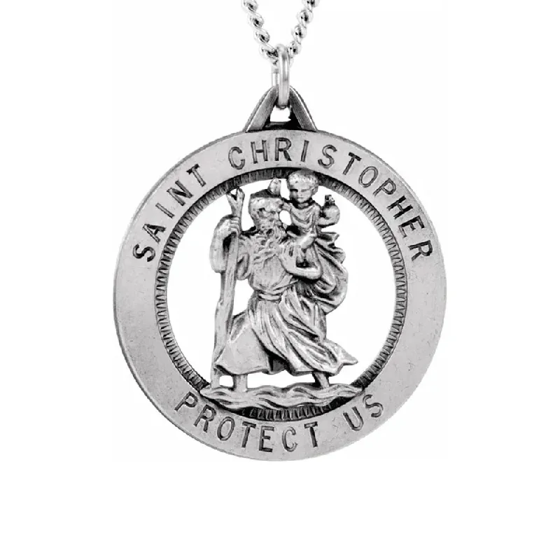 Dainty Chain Necklace for Elegant Look-Sterling Silver 25mm St. Christopher Medal Necklace, 24 Inch