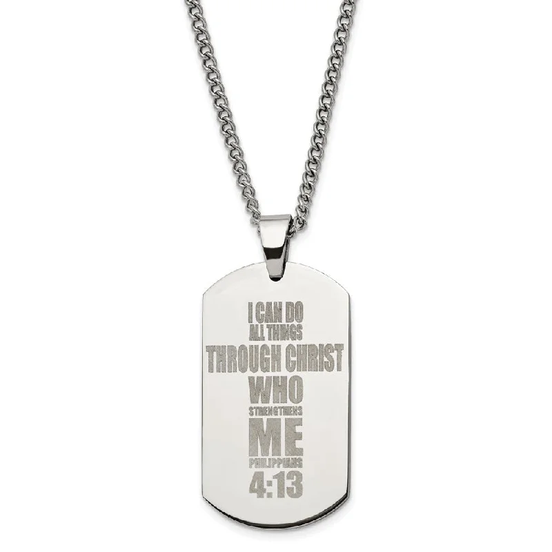 Chunky Necklace for Daytime Look-Stainless Steel Lasered Philippians 4:13 Dog Tag Necklace, 24 Inch