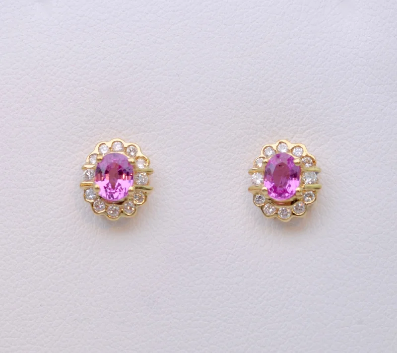 Large Drop Earrings for Fashion-Diamond and Pink Sapphire Post Earrings in 14K Yellow Gold