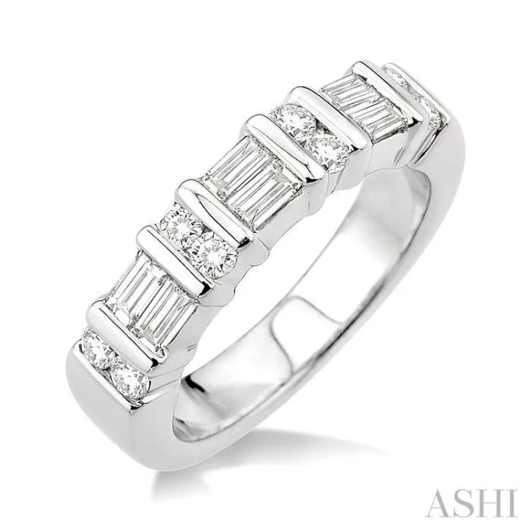 Vintage Wedding Ring for Couples-1 Ctw Baguette and Round Cut Diamond Fashion Band in 14K White Gold