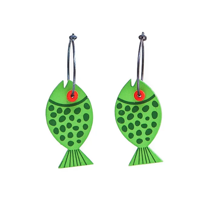 Sparkling Silver Earrings for Women-Lene Lundberg K Form Green Spotted Fish Earrings