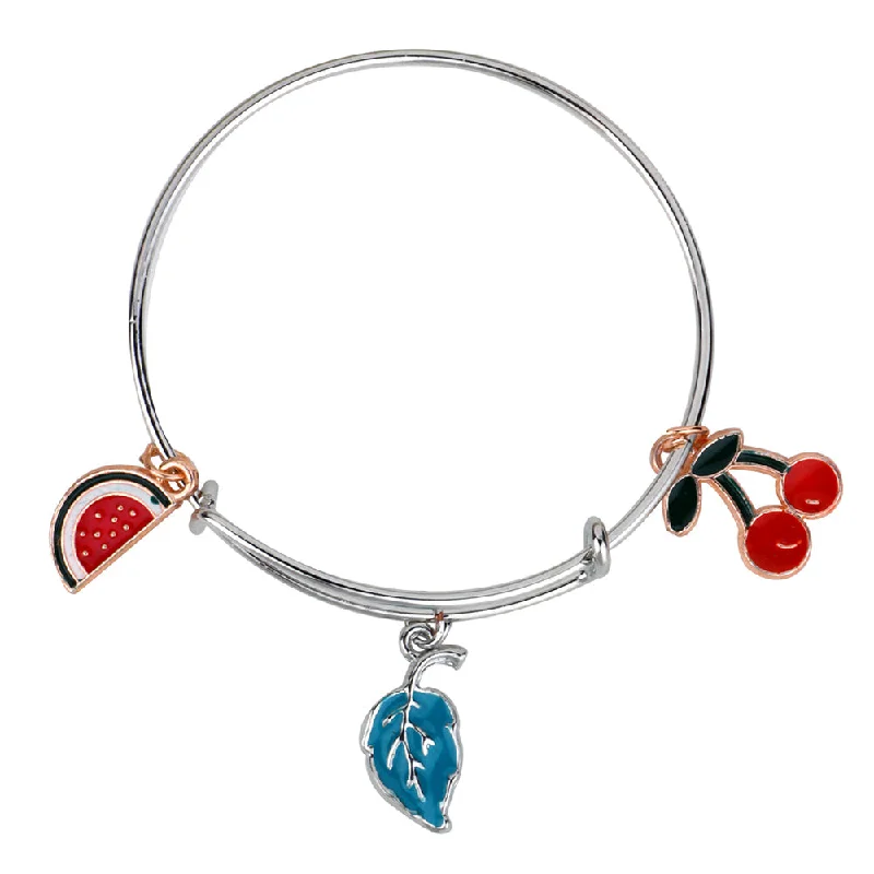 Colorful Bangle Set for Fashion Style-Mahi Rhodium Plated Strawbery Cherry & Leaf Shaped Colorful Enamel Work Charms Kids Bracelets for Kids (BRK1100921M)