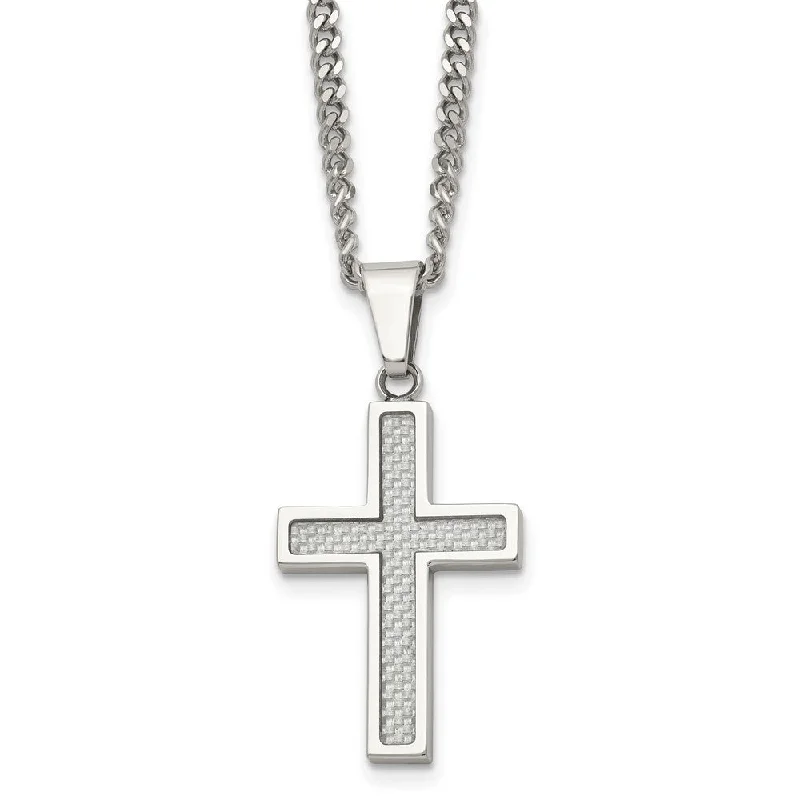 Silver Beaded Necklace for Fashion-Stainless Steel & Gray Carbon Fiber Small Cross Necklace, 20 Inch