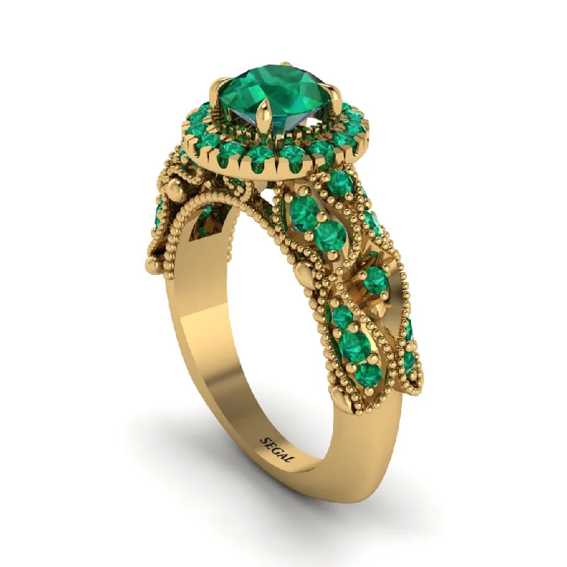 Large Gemstone Ring for Evening Wear-Exclusive Halo Emerald Milgrain Engagement Ring - Kendra No. 19