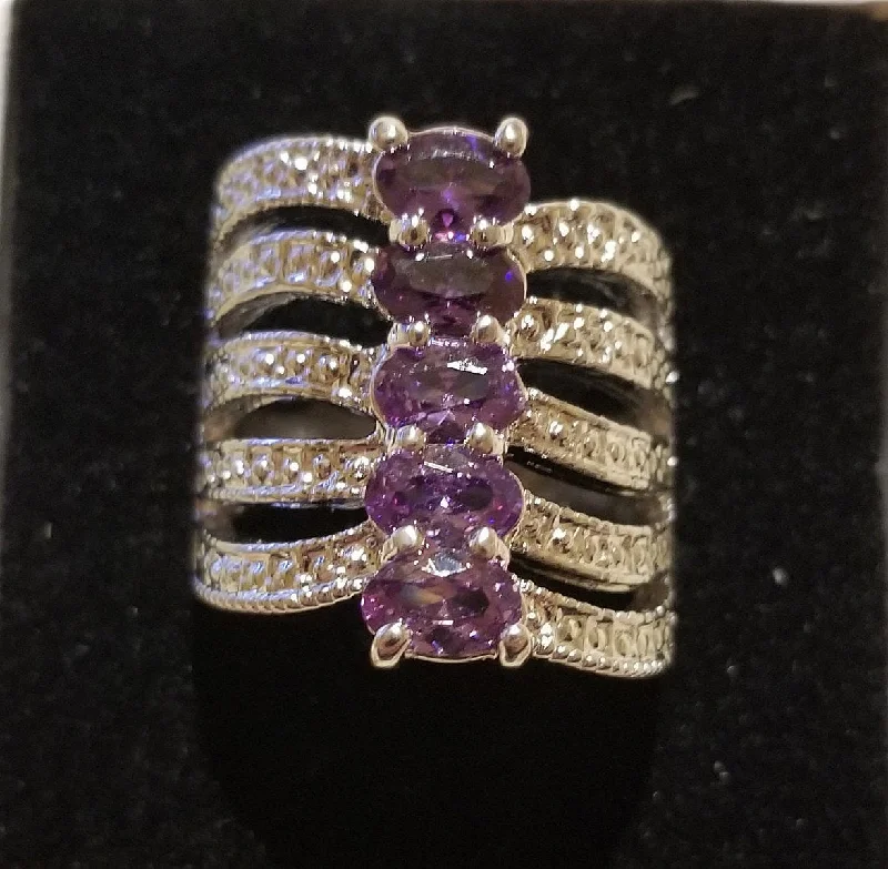 Custom Wedding Band for Couples-Sterling Silver Finger Ring with Synthetic Amethyst - Size 7