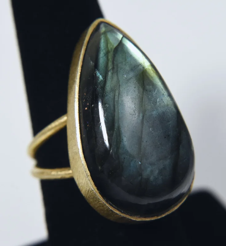 Simple Silver Ring for Bridesmaids-Gold Tone Pear Cut Labradorite Expandable Ring - Size 6.5+