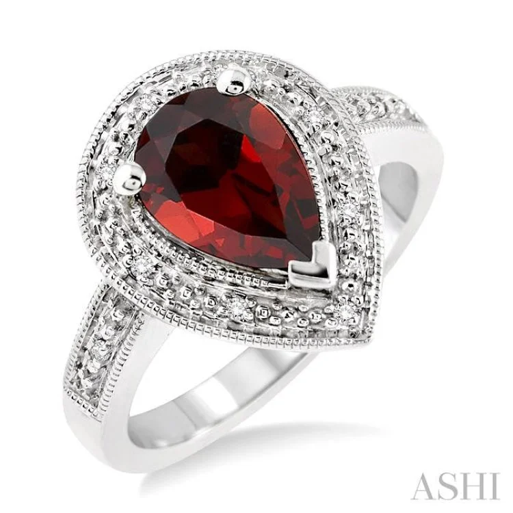 Chunky Gemstone Ring for Bold Style-10x7 MM Pear Shape Garnet and 1/20 Ctw Single Cut Diamond Ring in Sterling Silver