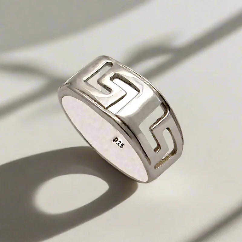 Handcrafted Diamond Ring for Engagement-Greek Key Meander Ring in Sterling Silver (DT-63)