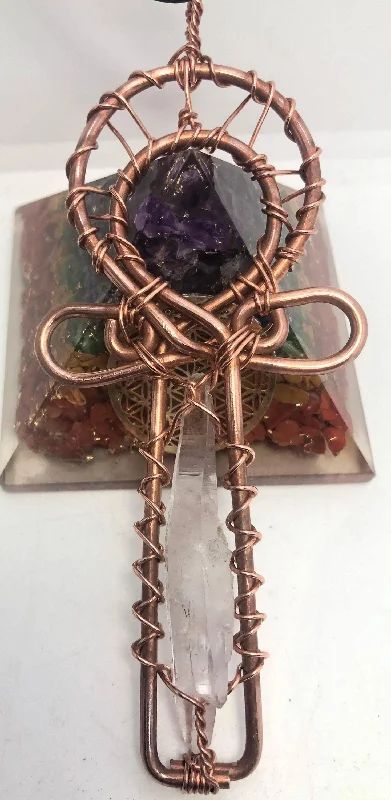 Luxury Crystal Necklace for Glamour-Amethyst Vera Cruz Crystal and Copper Egyptian Kemetic Coptic Cross Ankh Wirewrapped Wearable Necklace Pendant