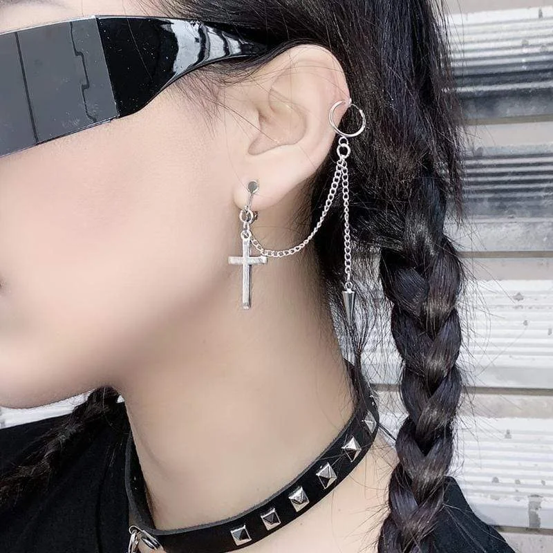 Black Earrings for Evening Wear-Women's Punk Rivet Cross Chain Earrings