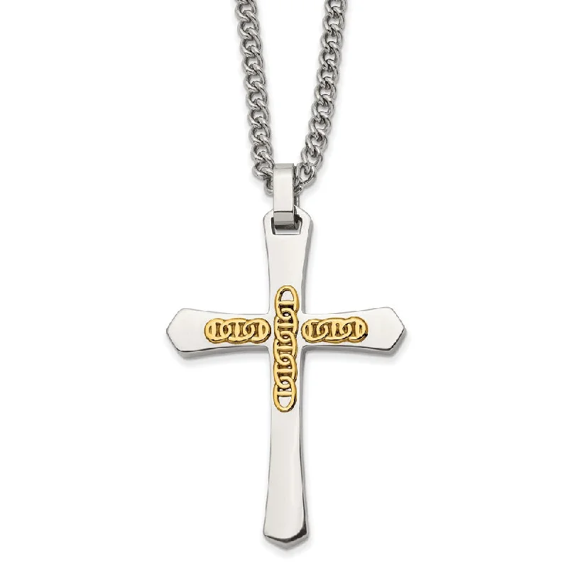 Silver Necklace with Gemstones-Stainless Steel & 14k Yellow Gold Accent Cross Necklace, 24 Inch