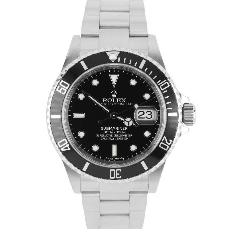 Women's Watch with Swarovski Crystals-Rolex Submariner Date PAPERS Steel NO-HOLES REHAUT Black 40mm 16610 Watch BOX