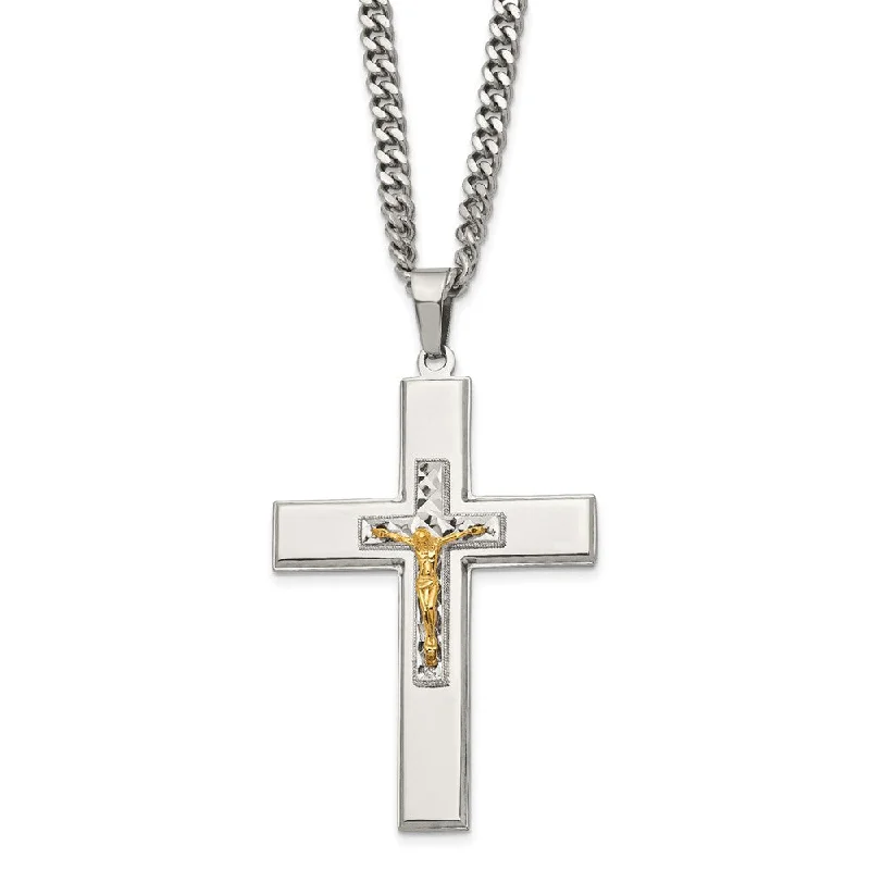 Vintage Gold Necklace for Classic Look-Men's Stainless Steel & Gold Tone XL Crucifix Necklace, 24 Inch