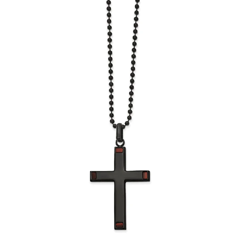 Boho Necklace for Casual Look-Men's Black Plated Stainless Steel & Tiger Eye Cross Necklace, 22 Inch