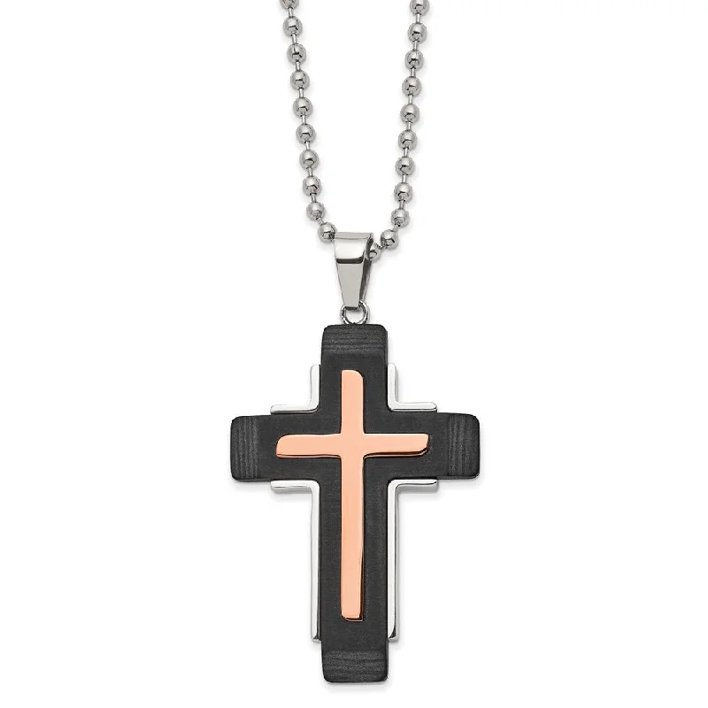 Trendy Gemstone Necklace-Stainless Steel Rose Plated & Black Carbon Fiber Cross Necklace, 22 In