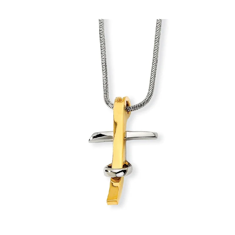 Layered Necklace for Special Occasions-Stainless Steel and Gold Tone Cross and Snake Chain Necklace - 18 Inch