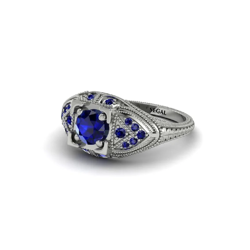 Luxury Gold Ring for Anniversary-Round Sapphire Filigree Art Deco Vintage Engagement Ring - Bree No. 75