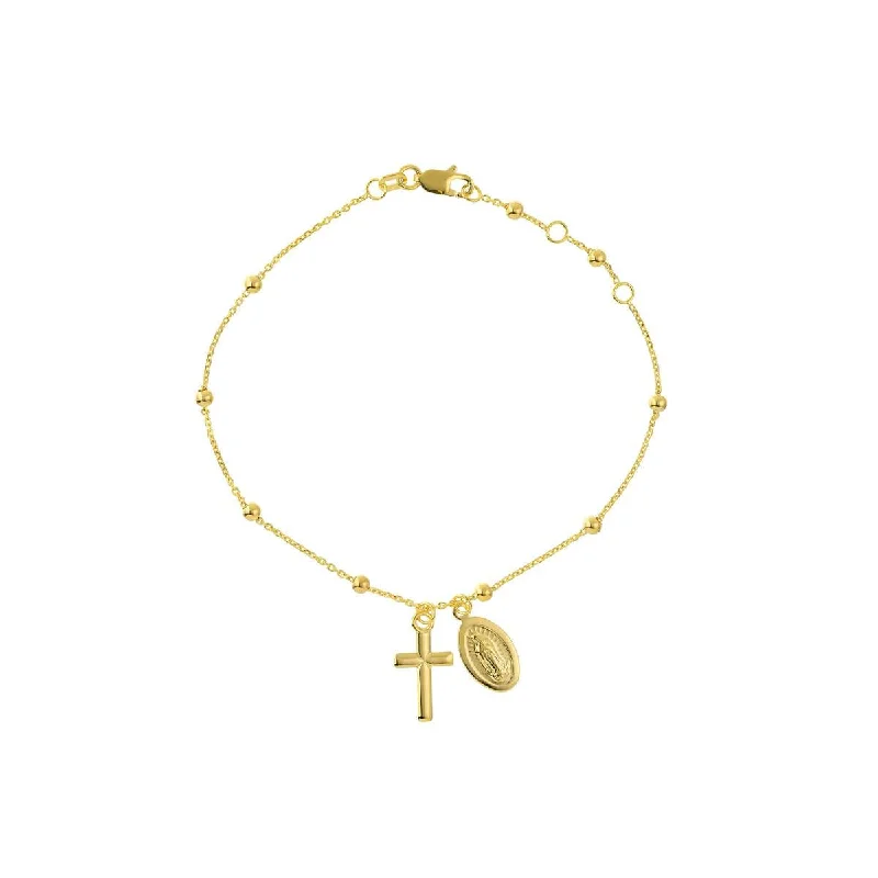 Beautiful Gemstone Bracelet for Special Occasions-YELLOW GOLD MARY AND CROSS CHARM BRACELET