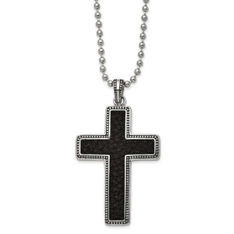 Vintage Gold Necklace for Women-Stainless Steel & Black Leather Large Antiqued Cross Necklace, 22 Inch