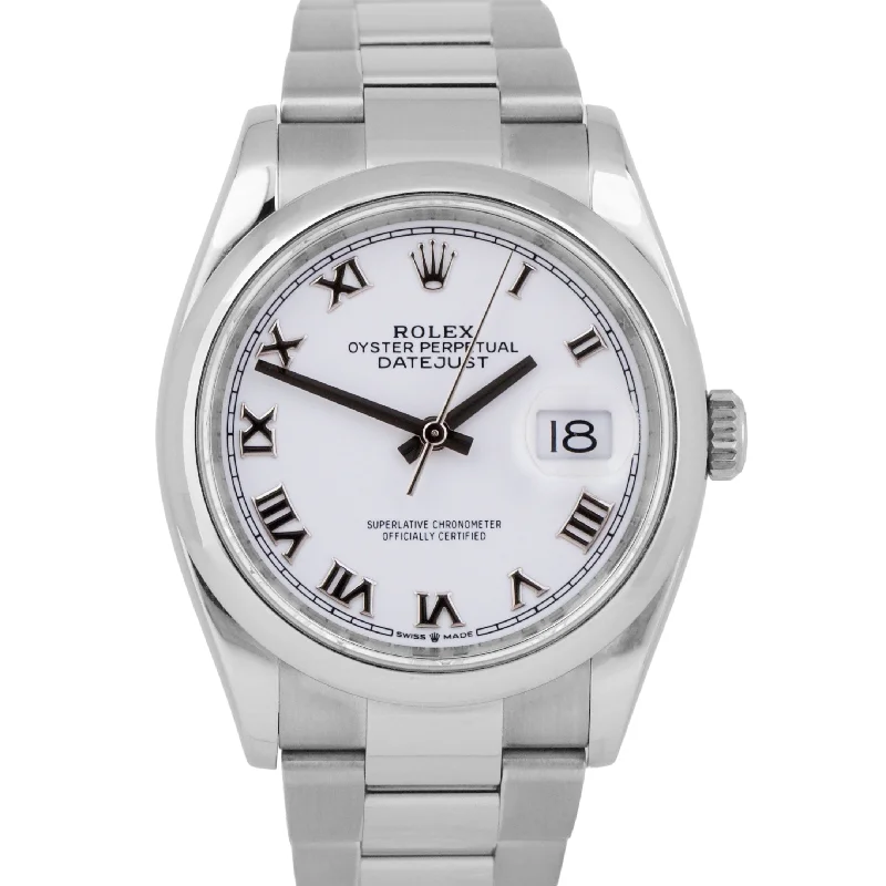 Designer Watches for Luxury Gifts-MINT 2023 Rolex DateJust 36mm WHITE ROMAN Stainless Steel Oyster Watch 126200