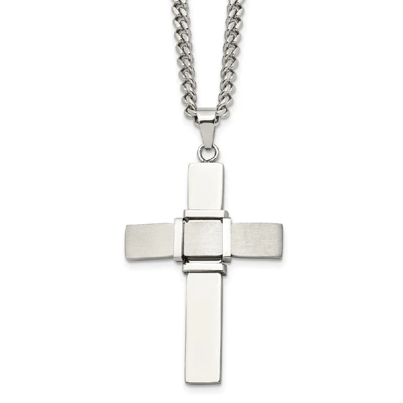 Simple Bead Necklace for Casual Looks-Men's Stainless Steel Brushed & Polished Cross Necklace, 22 Inch