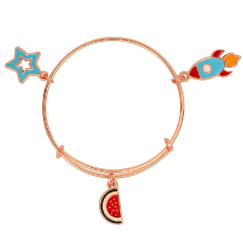 Colorful Gemstone Bangles for Fashion-Mahi Rocket, Star & Watermelon Rose Gold Plated Enamel Work Charms Bracelets for Kids(BRK1100856Z)