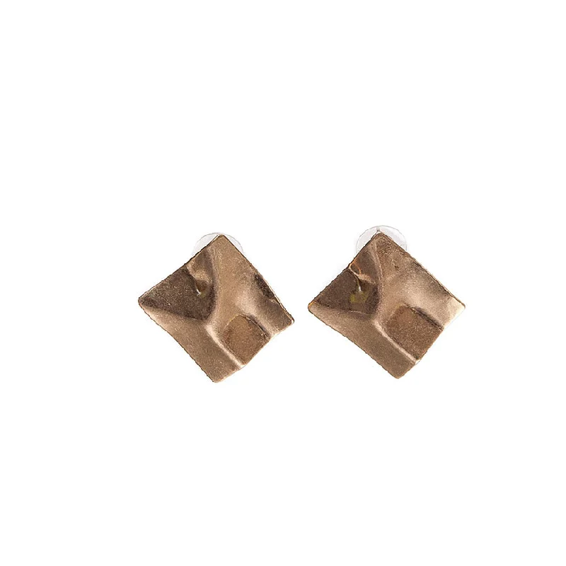 Beautiful Stud Earrings for Women-Hot Tomato Crumpled Squares in Worn Gold Stud Earrings