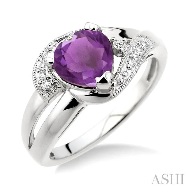 Simple Engagement Ring for Elegant Look-7x7MM Heart Shape Amethyst and 1/20 Ctw Single Cut Diamond Ring in Sterling Silver