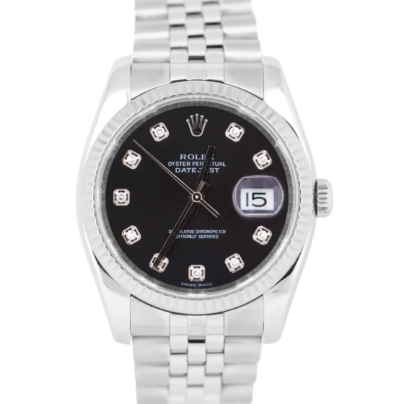 Luxury Watches with Skeleton Design-Rolex DateJust 36mm BLACK DIAMOND Steel 18K White Gold Fluted JUBILEE 116234