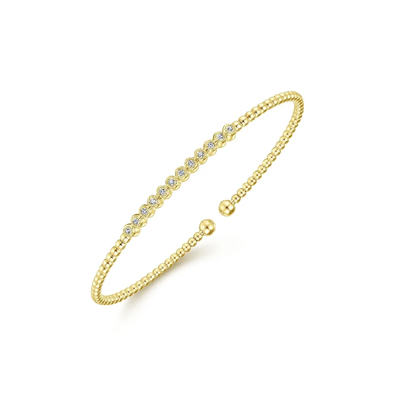 Simple Silver Bangle Bracelet-14K Yellow Gold Diamond Bezeled Top Bead Cuff