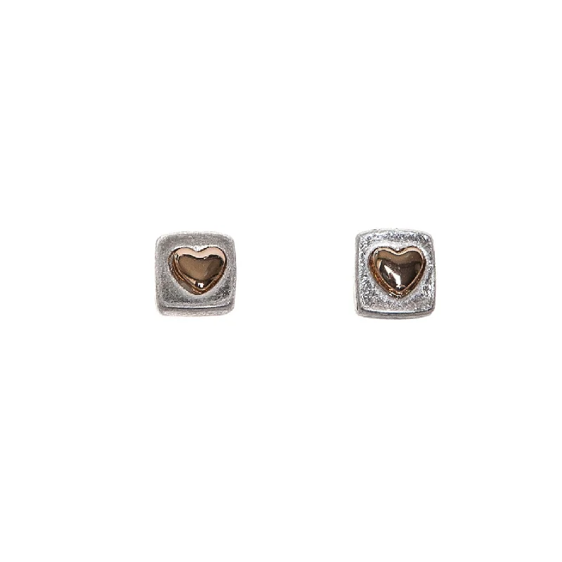 Luxury Silver Earrings for Women-Pom Silver Finish Square Studs with Gold Hearts Earrings