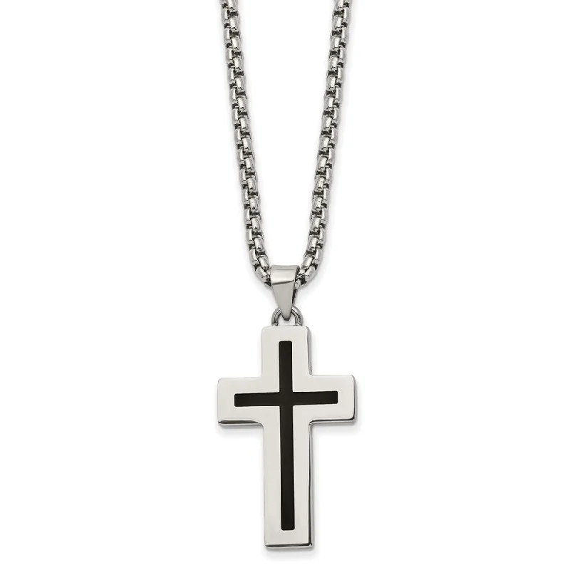 Charm Necklace for Casual Wear-Stainless Steel & Black Enamel Small Cross Necklace, 24 Inch