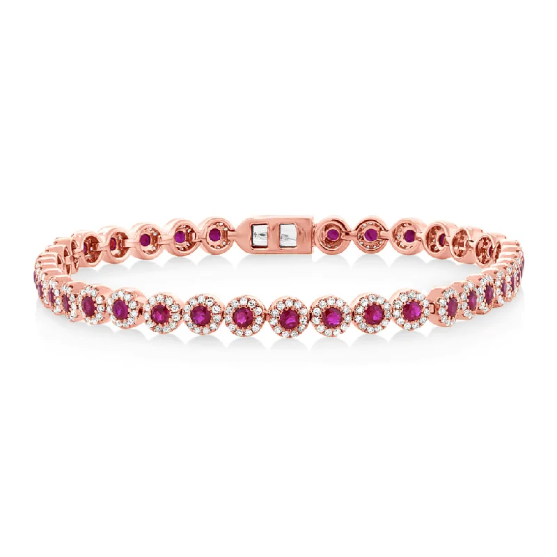 Handcrafted Silver Bracelet for Women-14K Rose Gold Ruby and Diamond Tennis Bracelet