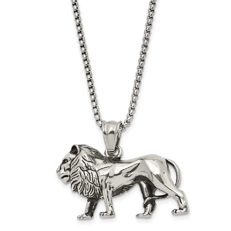 Large Crystal Necklace for Evening Wear-Stainless Steel Antiqued & Polished Lion Necklace, 25.5 Inch