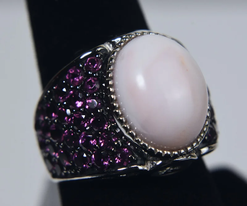 Stackable Silver Rings for Fashion-Sterling Silver Peach Opal and Purple Stone Studded Ring - Size 8