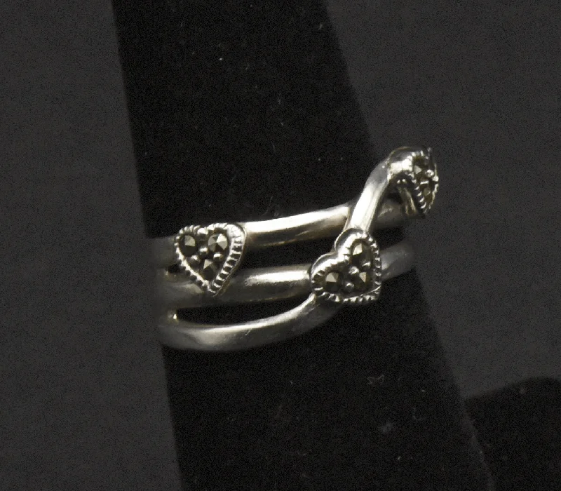 Custom Engagement Ring for Bold Women-Vintage Sterling Silver and Marcasite Hearts Ring - Size 6