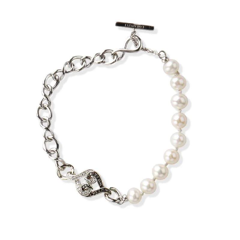 Beautiful Diamond Bracelet for Weddings-STERLING SILVER BRACELET WITH PEARLS AND BLACK AND WHITE SAPPHIRES