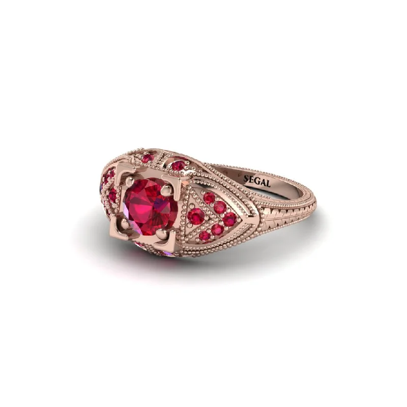 Classic Solitaire Ring for Engagement-Round Ruby Filigree Art Deco Vintage Engagement Ring - Bree No. 56