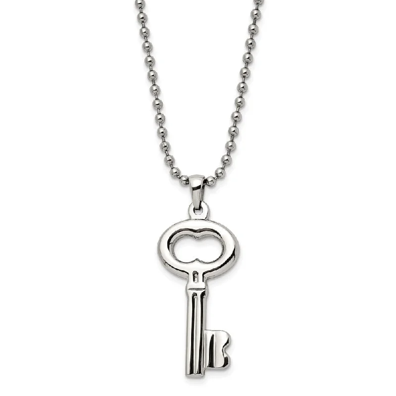 Layered Necklace with Multiple Charms-Stainless Steel Polished Key Pendant Necklace, 24 Inch