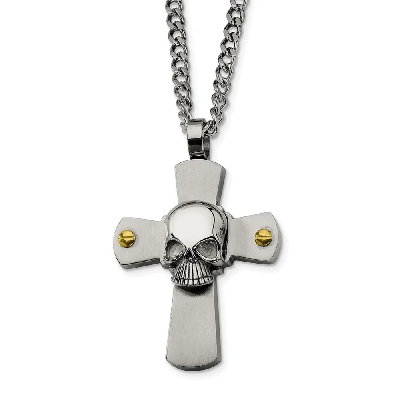 Simple Silver Necklace with Pendant-Men's Stainless Steel Skull on Cross Necklace