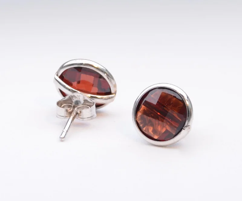 Luxury Silver Earrings for Women-14K White Gold Bezel Set Garnet Earrings