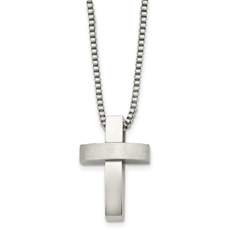 Personalized Jewelry Necklace-Stainless Steel Brushed and Polished Cross Necklace - 22 Inch