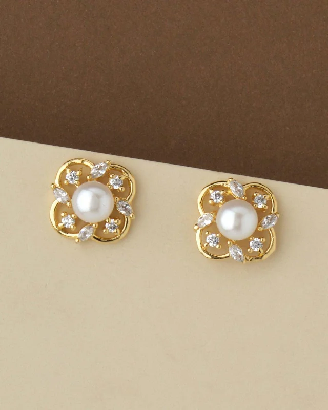 Flower Shaped Earrings-Trendy Pearl & Stone Stud Earring