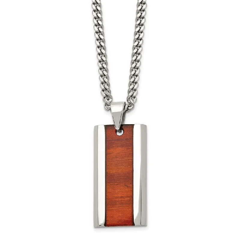 Diamond Pendant Necklace-Men's Stainless Steel & Red Koa Wood Inlay Enameled Necklace, 20 Inch