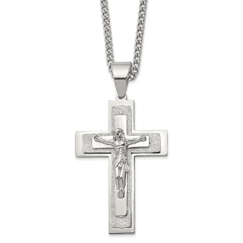 Gemstone Pendant Necklace for Women-Men's Stainless Steel Large Crucifix Layered Cross Necklace, 24 Inch