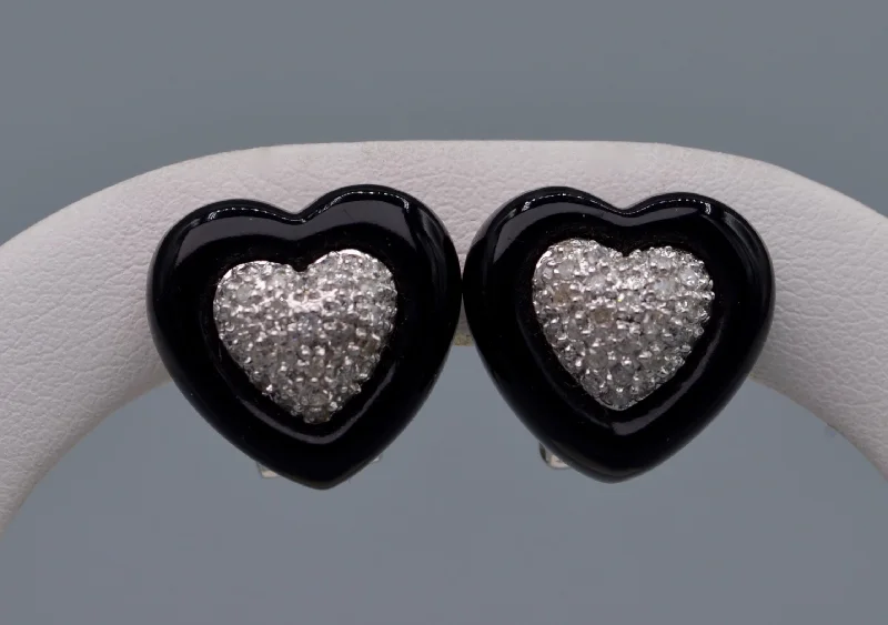 Stunning Drop Earrings for Weddings-14K white gold heart-shaped onyx and diamond earrings