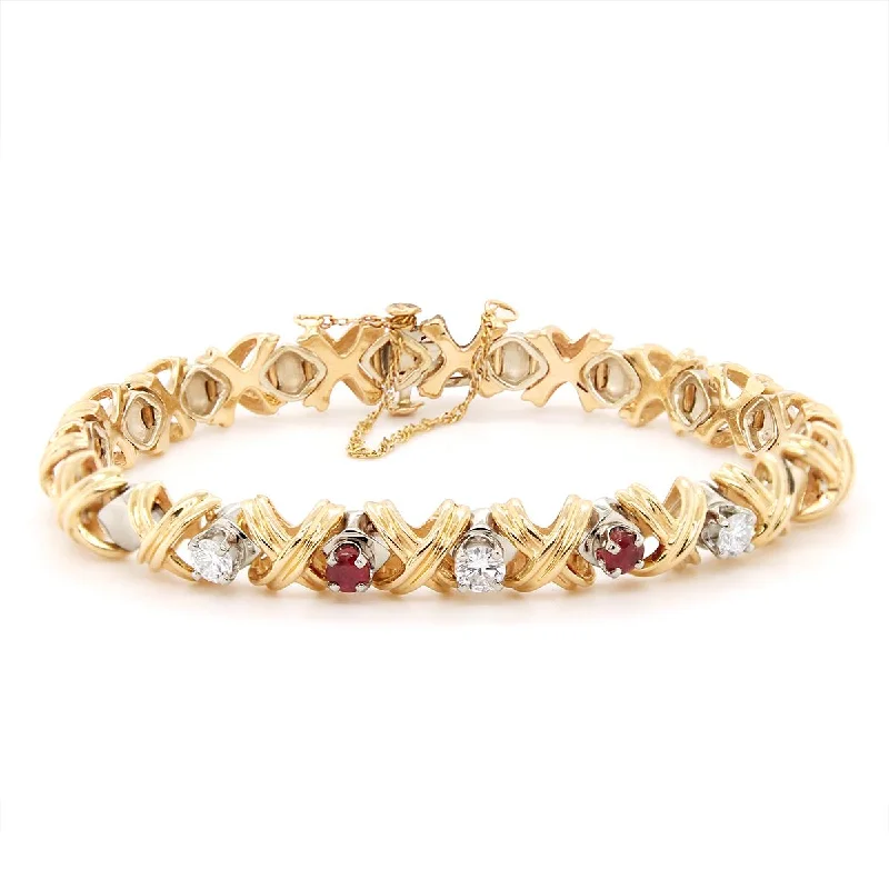 Simple Gold Bracelet for Daily Use-VINTAGE STYLE GOLD BRACELET WITH RUBIES AND DIAMONDS, 5/8 CT TW