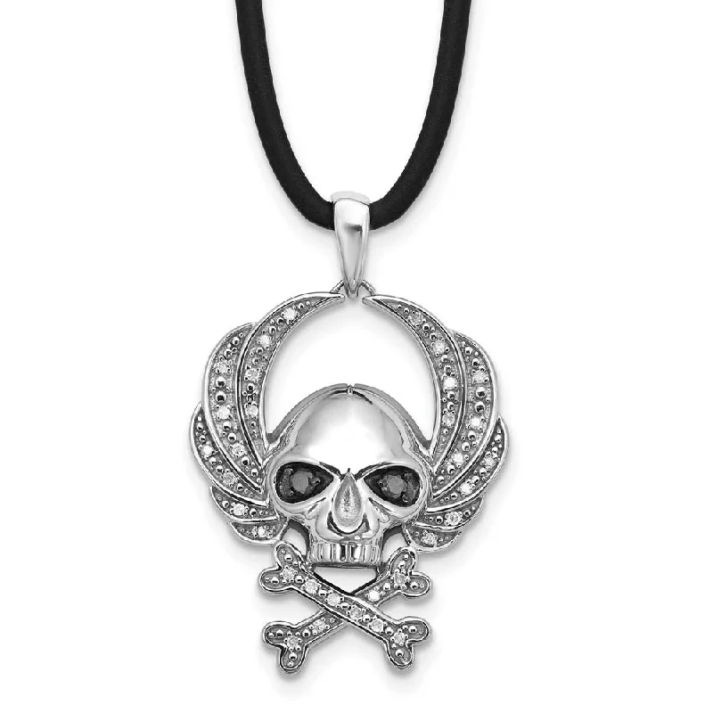 Crystal Necklace for Special Occasions-Black & White Diamond Sterling Silver Skull & Crossbones Cord Necklace