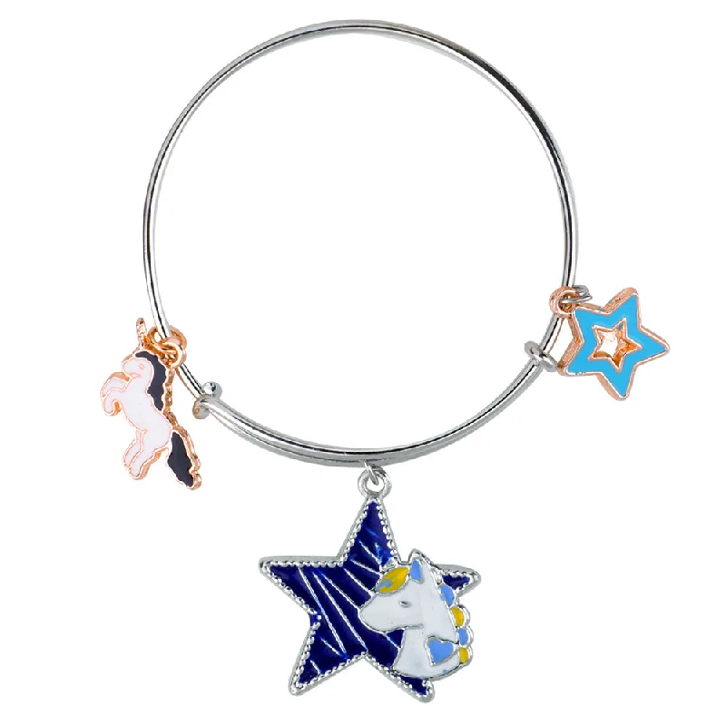 Luxury Diamond Bangles for Wedding Day-Mahi Rhodium Plated Unicorn & Star Shaped Colorful Enamel Work Charms Kids Bracelets for Girls (BRK1100917M)