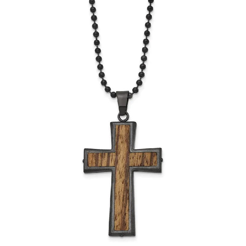 Elegant Chain Necklace for Weddings-Gunmetal & Black Plated Stainless Steel Hardwood Cross Necklace, 24 In